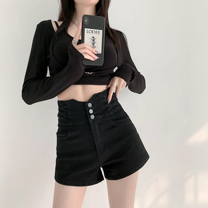 Small High Waist Denim Shorts Women's Summer New New Light Color A- line Slimming Sweet Hot Pants