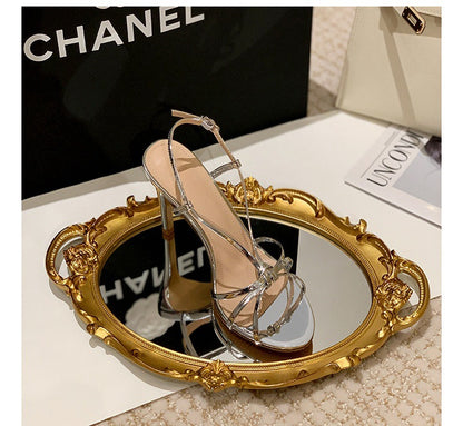 sengpashop Gold Sandals for Women  Summer New Elegant Stiletto Heel Buckle Strap Sexy High Heels Silver Thin Strap Sandals