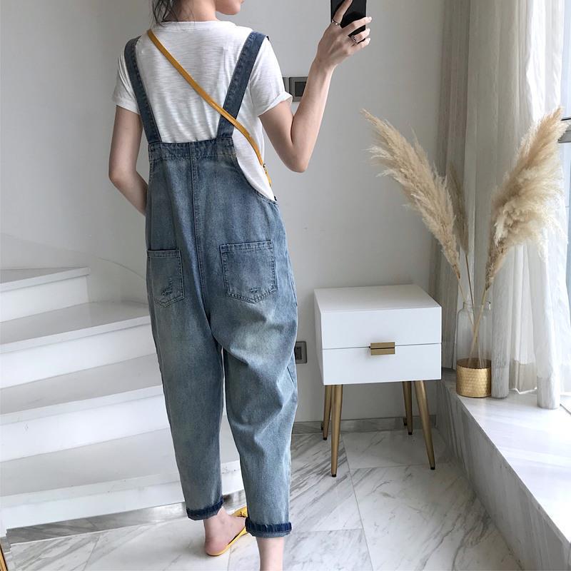 Internet Celebrity Denim Suspender Pants Women's Spring and Summer New Loose Korean Style Cat's Paw Student Monster Cute Cropped Pants