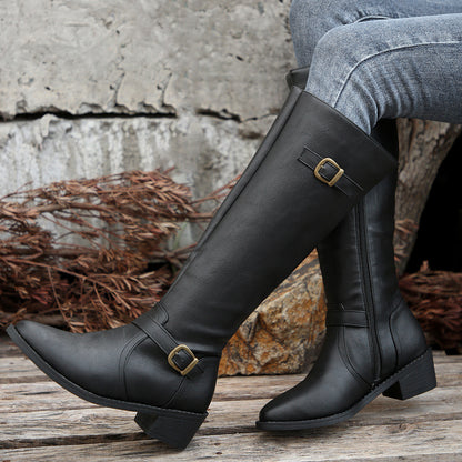 Autumn and Winter New Women's Boots Square Heel HOTan and NEWn Tall Knight Boots Belt Buckle Solid Color Women's Boots