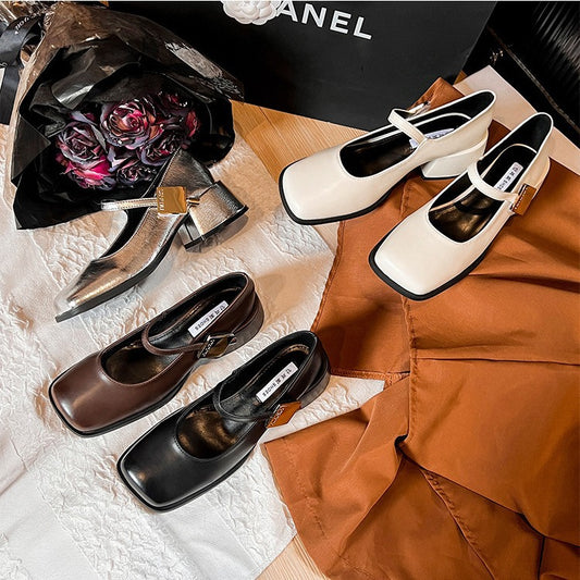sengpashop With Skirt High Heel Pumps Low Mouth  Autumn Korean Style Women's Shoes  Retro Silver Mary Jane Shoes Small Leather Shoes