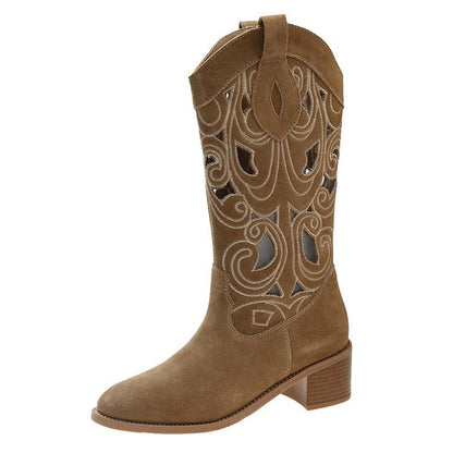 Hollow-out Thick High Heel Western Cowboy Boot Women's  New Embroidery Mid Boots Retro Frosted High Tube Fashion Boots