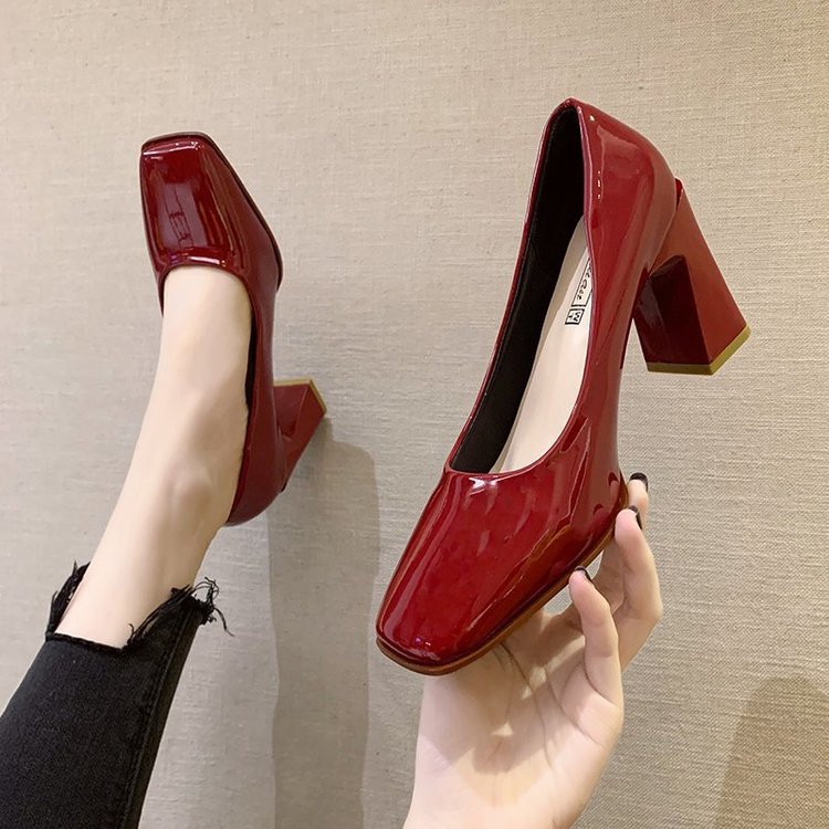 sengpashop Square Toe Pumps Women's Korean Style Ladies Patent Leather High Heels Chunky Heel Pedicure Low-Cut Slip-on Professional Shoes Women's Shoes Wholesale