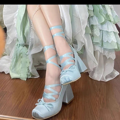 sengpashop Pink Cross Lace-up High Heels Chunky Heel Girl Ballet Style Shoes outside Wear  Elegant Satin Lolita Pumps