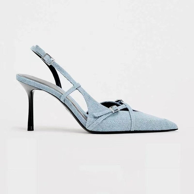 sengpashop Pointed Stiletto Heel Denim High Heels Summer Niche Temperament  New Style Buckle Closed Toe Fashion Women's Sandals