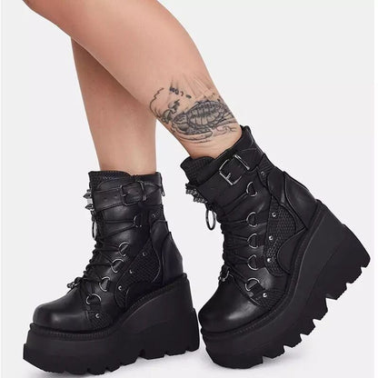 Super High Heel Large Size Flat Bottom Lace-up Martin Boots Women's Autumn and Winter Platform Platform Platform Gothic Mid-Calf Boots for Women Boots