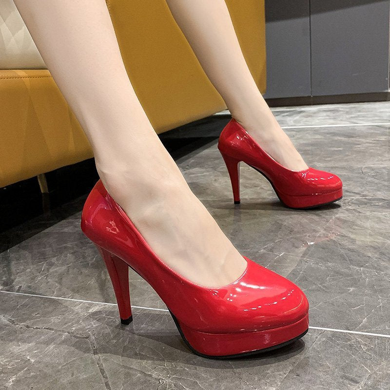 sengpashop Foreign Trade New High Heel Fashion Women's Shoes Waterproof Platform Stiletto Pumps Patent Leather round Toe Large Size Women's Work Shoes Wholesale