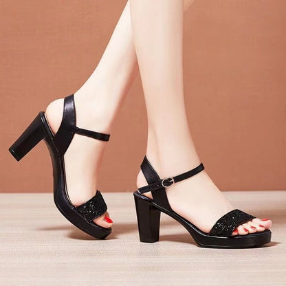 sengpashop Women's Buckle High Heel Sandals  New Summer Elegant Roman Sandals Women's Chunky Heel Model Catwalk Women's Shoes