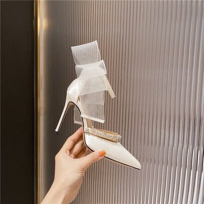 sengpashop Summer Rhinestone Bow High Heel Sandals White Wedding Shoes Pointed Ladies Stiletto Heel Buckle Shoes Black