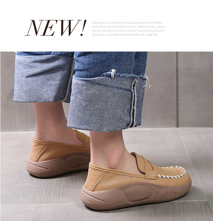 Thick Bottom Women's Soft Leather Shoes  Spring and Autumn New Korean Style Women's Loafers Slip-on Lofter Rocking Shoes