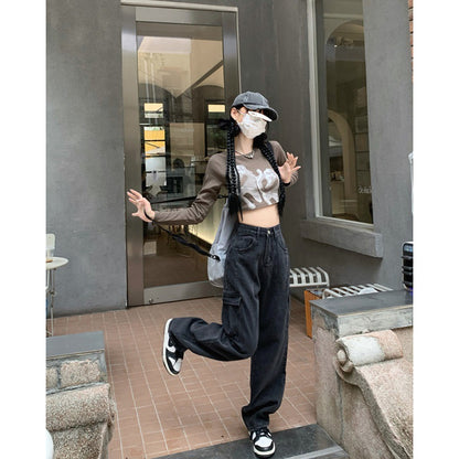 High Waist Jeans Small Loose Pants Wide Leg Pants Women's Summer Black New Cargo Pants Mop Pants Trousers