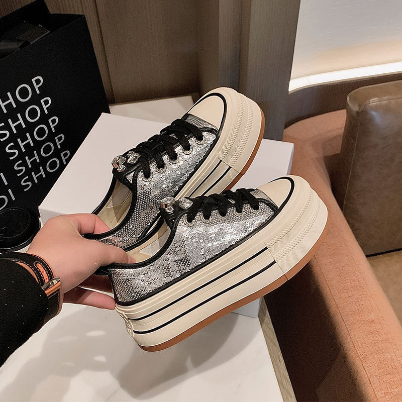 HOTan Goods Sequined Canvas Shoes Low-Top Platform Heel Platform Shoes Women's  New Super Hot All-Match Casual Sneakers Fashion