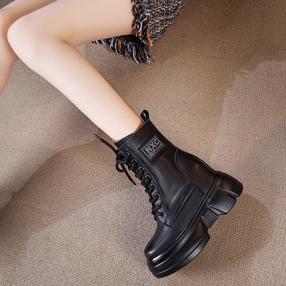 Autumn and Winter New Leather Martin Boots Women's Muffin High Heel Booties First Layer Cowhide Platform Casual Women's Shoes