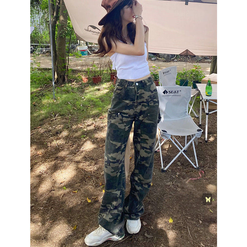 Hong Kong Style Workwear Army Green High Waist Loose and Slimming Wide Leg Jeans Women's Summer Hot Girl Camouflage Straight Long Pants