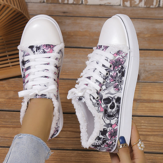 Foreign Trade plus Size Women's Sneakers  Spring New Flat Lace-up Graffiti Canvas Shoes HOTan and NEWn Fashion Loafers Women