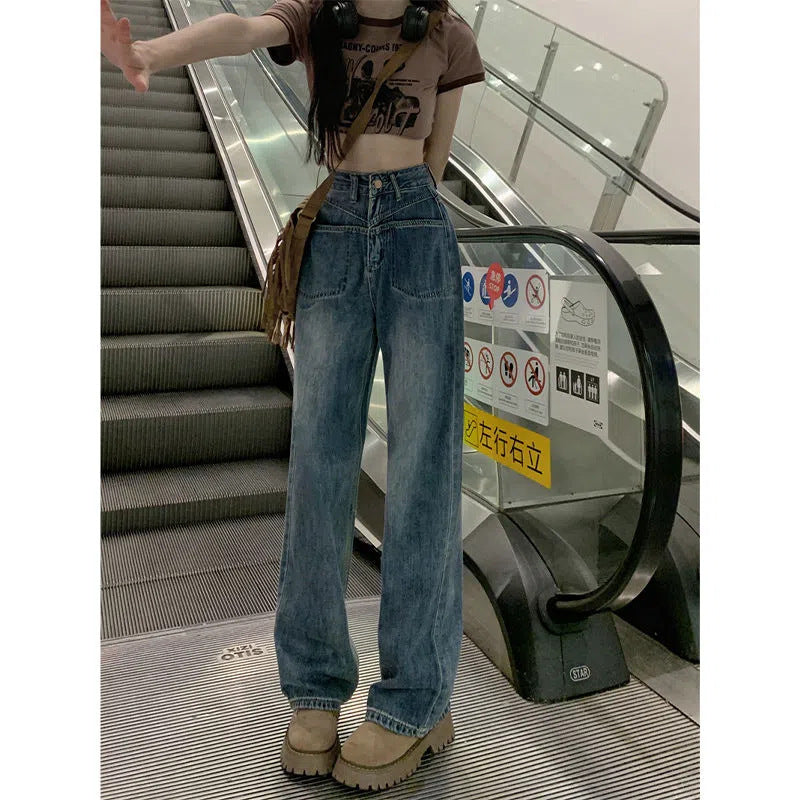 Retro Draping Jeans Women's Loose Autumn New High Waist Wide Leg Pants Slimming All-Matching Straight Mop Pants Fashion