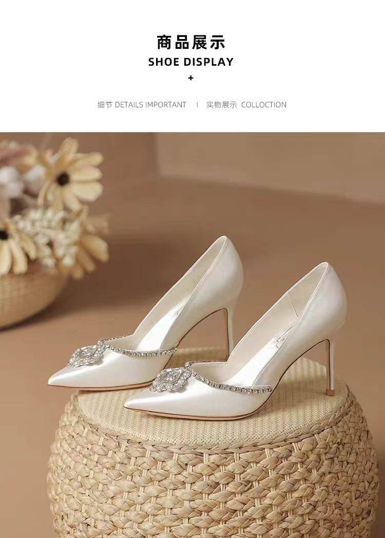 sengpashop Guanghe Bright High-Grade  Beauty Wedding Reception Shoes Wedding Shoes Women's Bridal Shoes White Rhinestone High-Heeled Wedding Dress Single