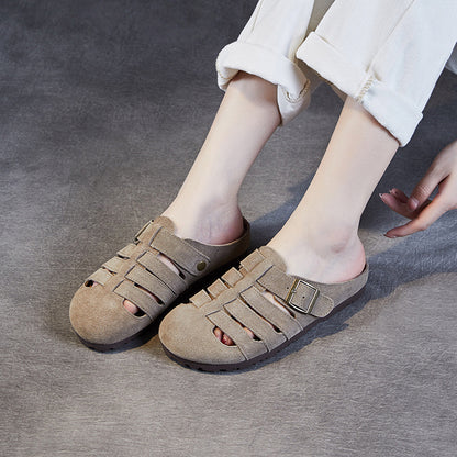 Genuine Leather Retro Boken Roman Half Slippers Women's  Summer New Toe Box Soft Bottom Woven Outerwear Birkenstock Shoes Sandals