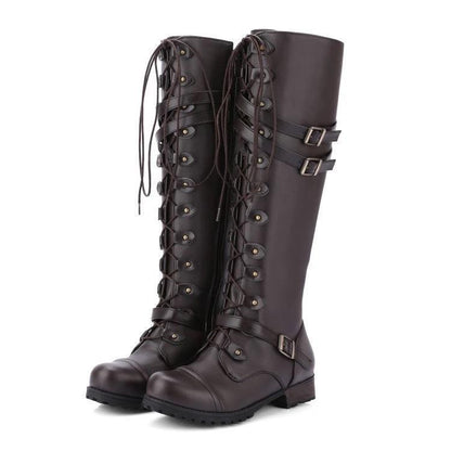 HOTan and NEWn Foreign Trade Leather Boots round Toe Belt Buckle Flat Long Boots Female Autumn and Winter New Rivets Lace-up Tall Knight Boots