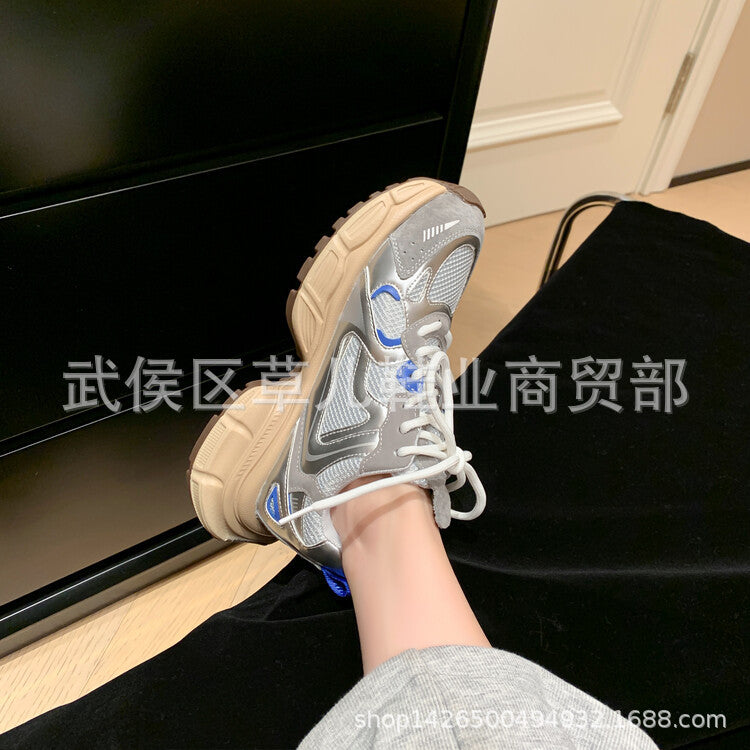 Casual Sports Single-Layer Shoes Female Dad Shoes Early Spring New Products round Head Thick Bottom Lace-up Casual Low-Top Shoes Women's Thin Shoes Tide