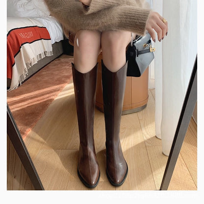 111 Widened Version Long Boots Female Winter plus Velvet White below the Knee Chunky Heel Western Cowboy Boot Knight Boots Boots Female