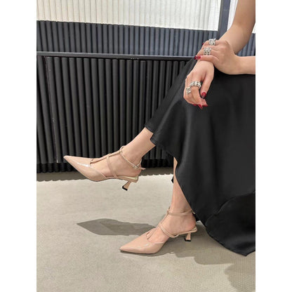 sengpashop Spring and Summer New Patent Leather Cross Thin Cross Straps Pointed Toe Stiletto Heel Mid Heel Shoes Back Empty Closed Toe High Heel Sandals