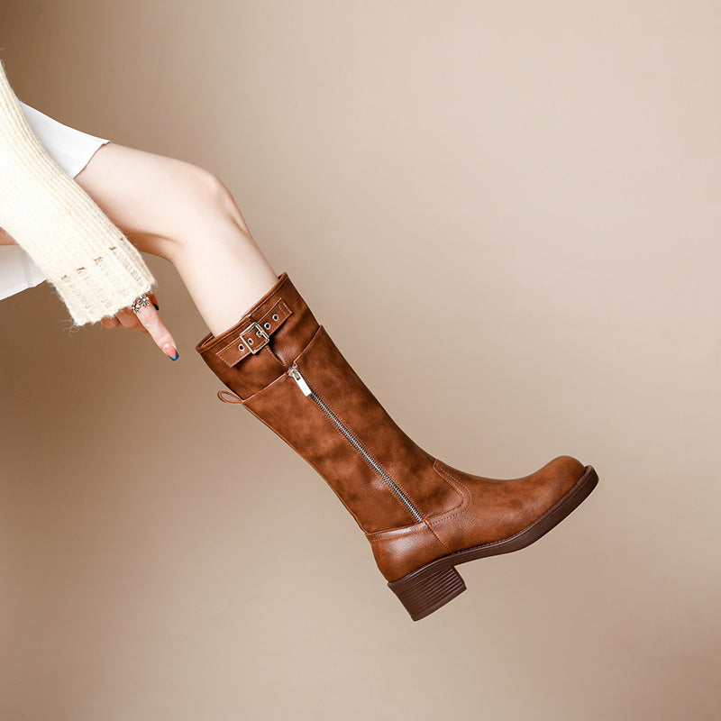 Summer Belt Buckle Chunky Heel Martin Boots below the Knee Boots British Style plus Size Women's Boots 41-43 Plump Girls