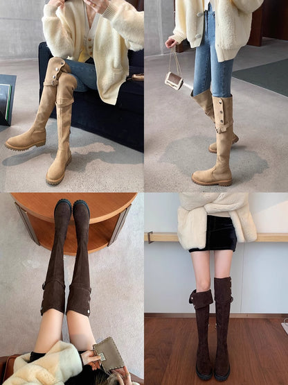 New Retro round Head Flanging Two-Way Wear Thick Bottom Lambswool Surface over the Knee Boots Small Tall Knight Boots