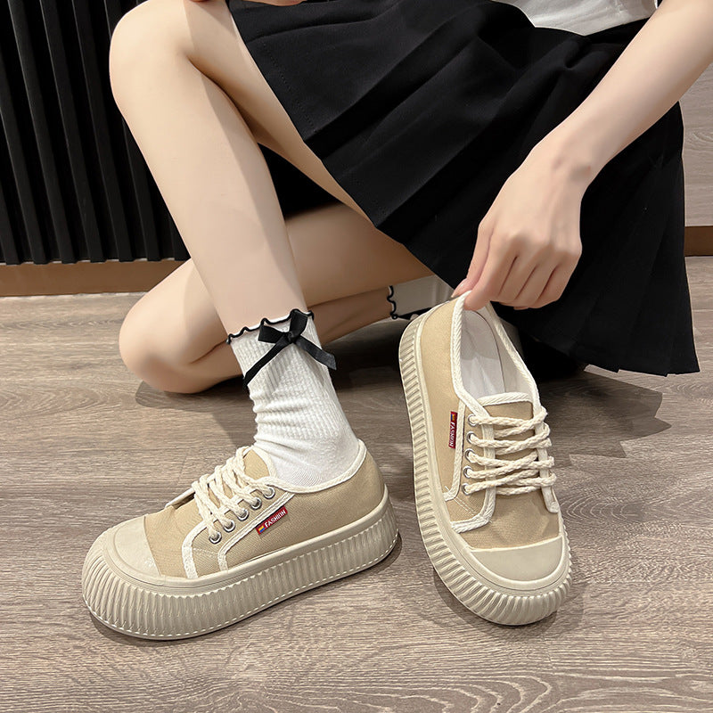 Summer New Trendy Women's Shoes Korean Style Canvas Shoes Thick Bottom Bread Shoes Fashion Ins White Shoes Platform Shoes Soft Bottom