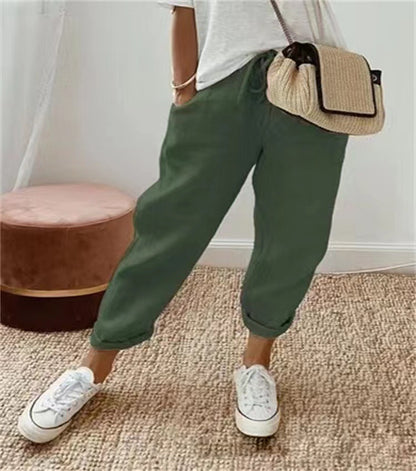 Europe and America Cross Border  New Women's Cotton and Linen Trousers Pocket Elasticated Slacks Women's Pants Lazy Relaxed Feeling