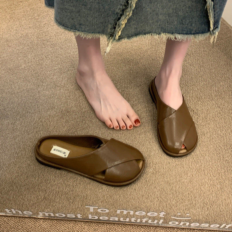 Simple Style Closed Toe Half Slippers for Women Summer Outdoor Wear  New Wanwan Lei Style Gentle Flat Slip-on Lofter Sandals