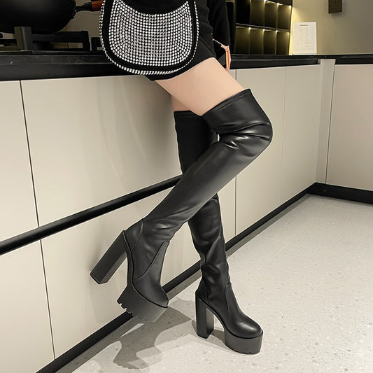 Foreign Trade Cross-Border New Arrival Sexy over-the-Knee Stretch Boots round Head Chunky Heel Women's Fashion over the Knee Boots Factory Direct Sales