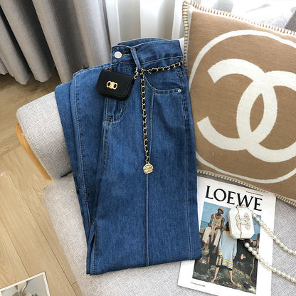 Fall 2024 New Blue Color Design Sense Niche Jeans Women's Korean-Style High Waist Slimming All-Matching Straight Wide-Leg Pants