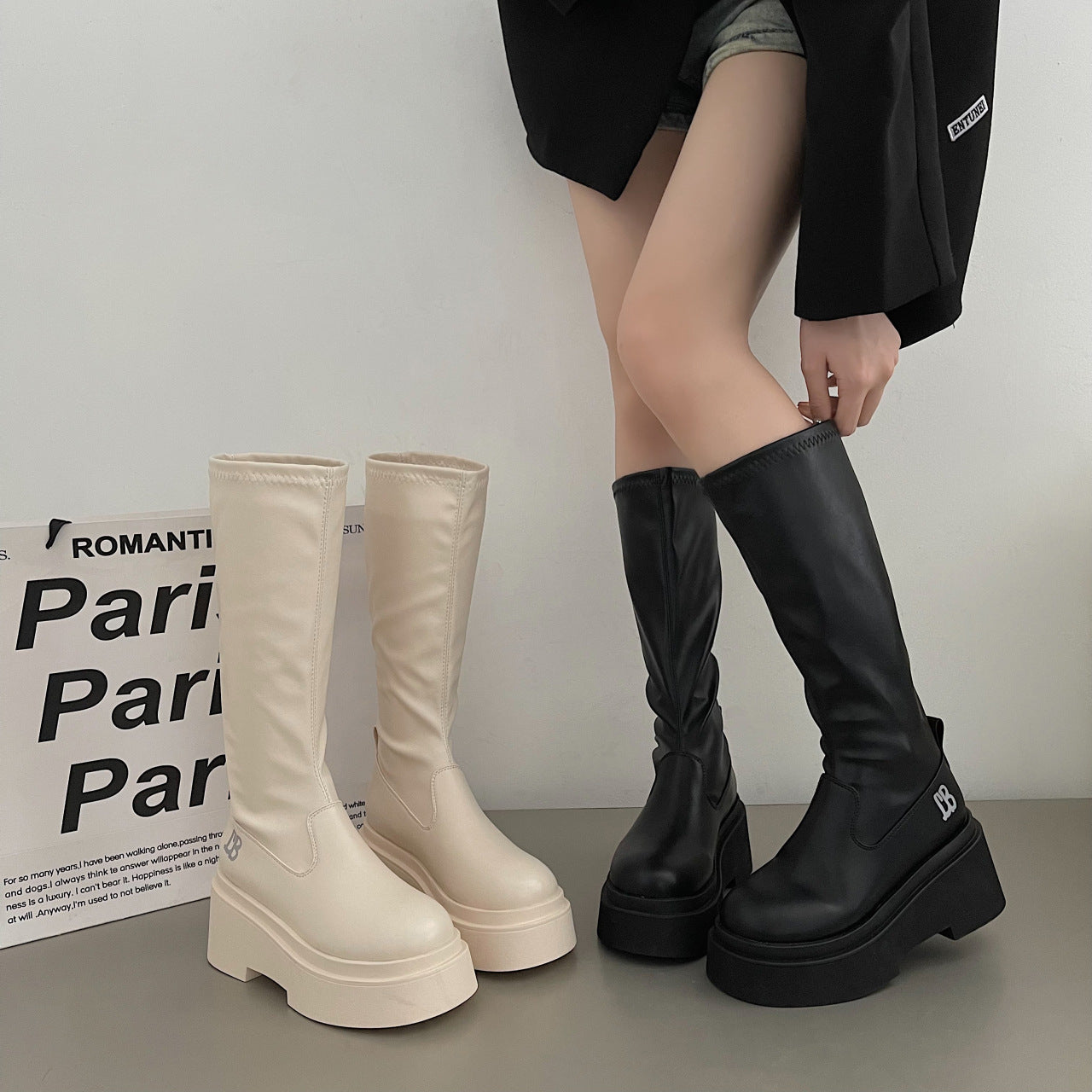 Thick Bottom High Tube Stretch Thin Boots Female  Autumn and Winter Muffin Bottom round Head below the Knee Casual Fashion Women's Boots