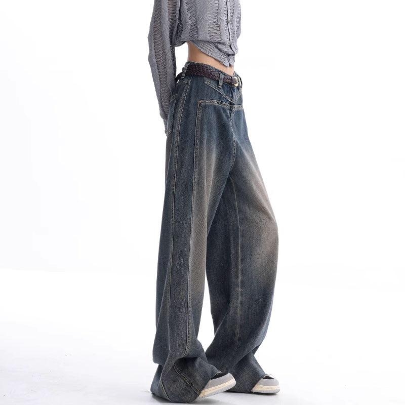 Design 2024 Early Autumn New Washed Nostalgic Raw Hem Jeans Women's Retro Design Wide Leg Pants Women's Pants