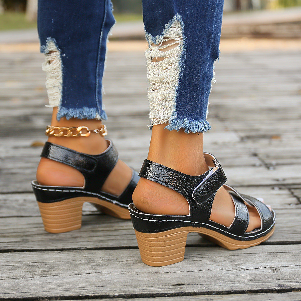 sengpashop HOTan and NEWn Foreign Trade plus Size Hollow-out Velcro High Heel Sandals Women's Cross-Border New Arrival Buckle Chunky Heel Buckle Peep Toe Sandals