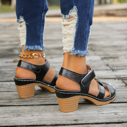 sengpashop HOTan and NEWn Foreign Trade plus Size Hollow-out Velcro High Heel Sandals Women's Cross-Border New Arrival Buckle Chunky Heel Buckle Peep Toe Sandals