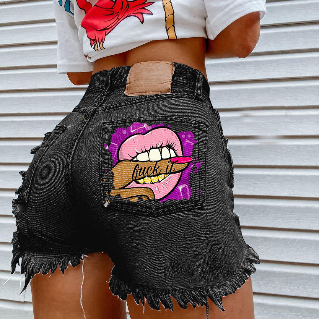 2012 * Mouth Bite Finger Printing  E-Commerce  Fashion Holes Denim Shorts for Women