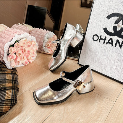 sengpashop With Skirt High Heel Pumps Low Mouth  Autumn Korean Style Women's Shoes  Retro Silver Mary Jane Shoes Small Leather Shoes