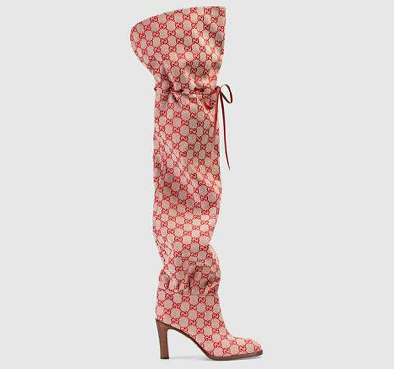 HOTan Station round Toe Printed High Heel Lace-up Adjustable Shoes over-the-Knee Boots Personality plus Size Catwalk Chunky Heel Catwalk Boots