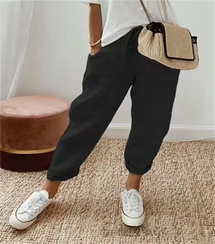 Europe and America Cross Border  New Women's Cotton and Linen Trousers Pocket Elasticated Slacks Women's Pants Lazy Relaxed Feeling