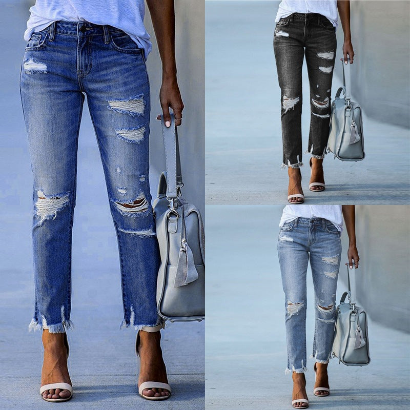 Direct Sales 2024 New Ripped Jeans Women's Fashion Temperament High Waist Slimming Ankle Tight Pants