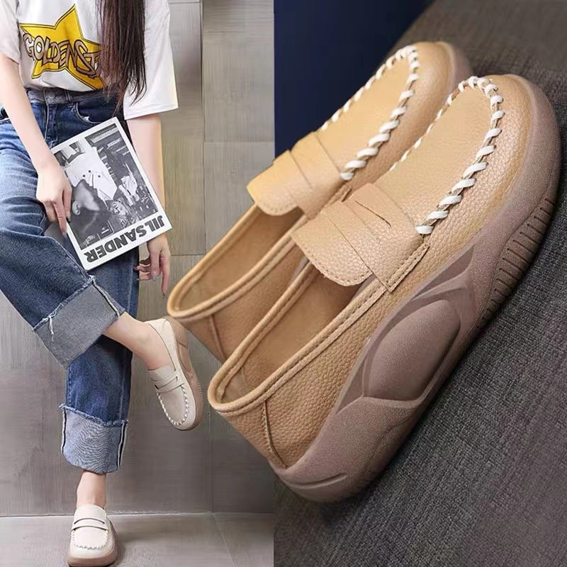 Thick Bottom Women's Soft Leather Shoes  Spring and Autumn New Korean Style Women's Loafers Slip-on Lofter Rocking Shoes