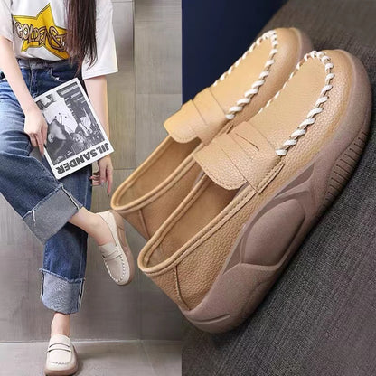 Thick Bottom Women's Soft Leather Shoes  Spring and Autumn New Korean Style Women's Loafers Slip-on Lofter Rocking Shoes