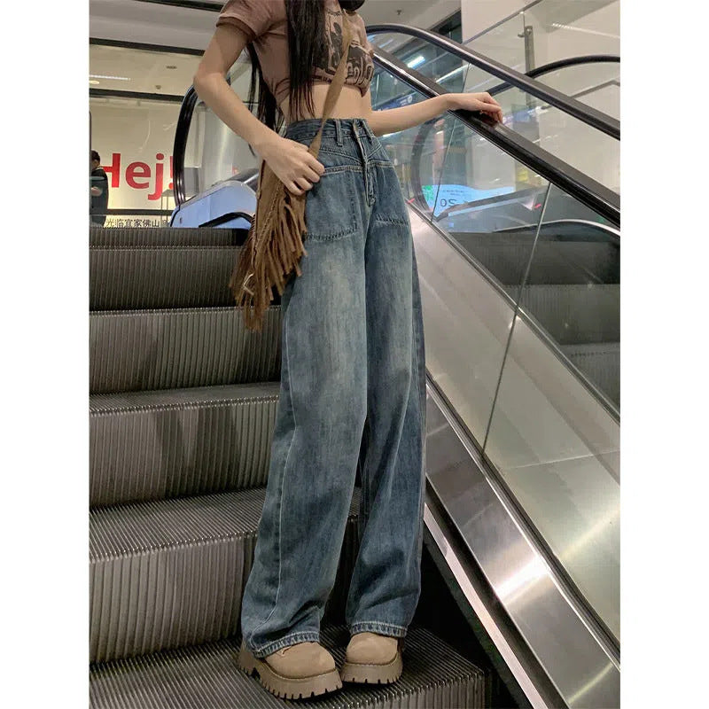 Retro Draping Jeans Women's Loose Autumn New High Waist Wide Leg Pants Slimming All-Matching Straight Mop Pants Fashion