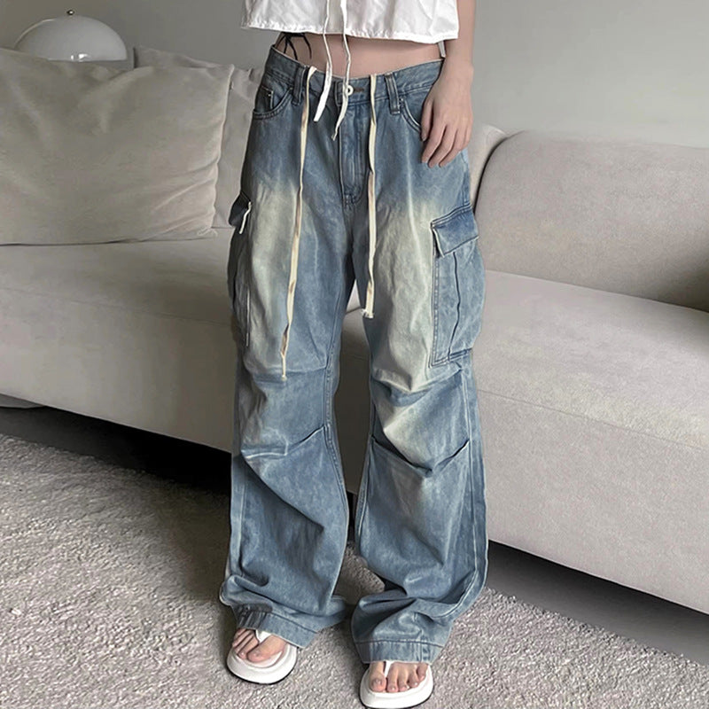 2024 Street Washed White Side Multi-Pocket Wide-Leg Jeans Women's Low Waist Loose Slimming Pleated Trousers Spring