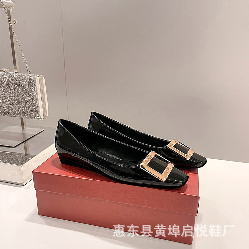 sengpashop RV Square Buckle Chunky Heel Pumps Female  Women's New Shoes for Spring Elephant Gray Patent Leather All-Matching High Heels Square Toe Low-Cut