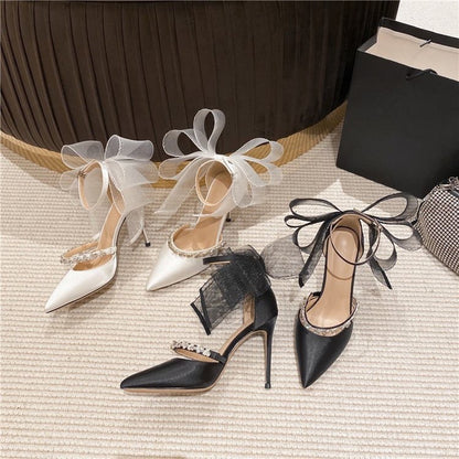 sengpashop Summer Rhinestone Bow High Heel Sandals White Wedding Shoes Pointed Ladies Stiletto Heel Buckle Shoes Black