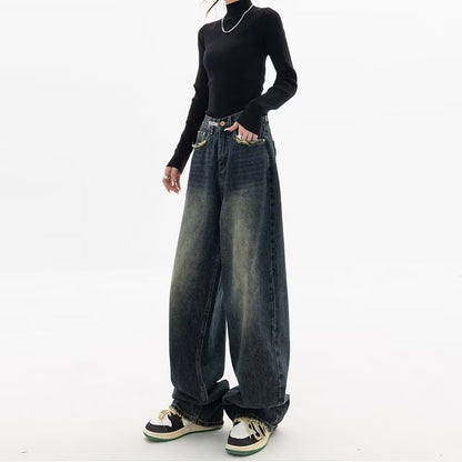 Retro Washed Jeans Women Spring Autumn Loose High Waist Casual Wide Leg Pants American High Street Straight Mopping Pants