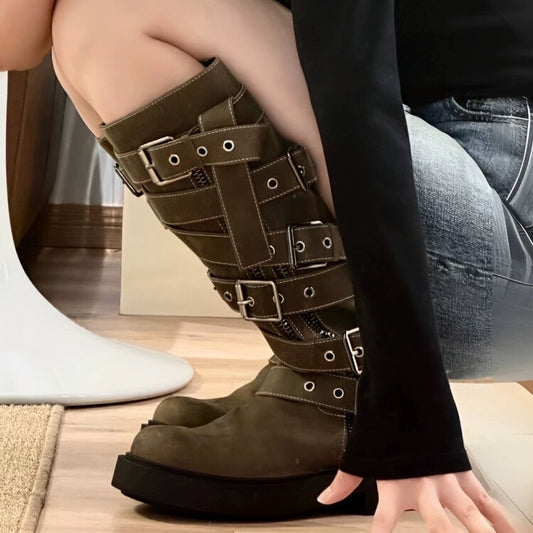 Waste Soil Style Square Toe Vintage Belt Buckle Boots  Spring and Summer New Side Zipper Thick Heel Slimming Knight Boots Women